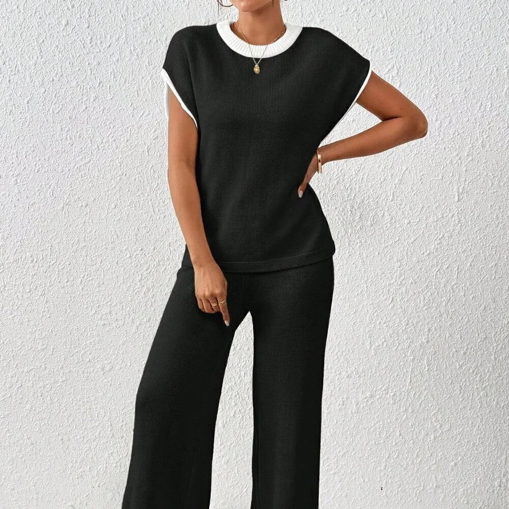 Black Preppy Women's Loose Knit Casual Contrast Trim Drawstring Sweater & Pants